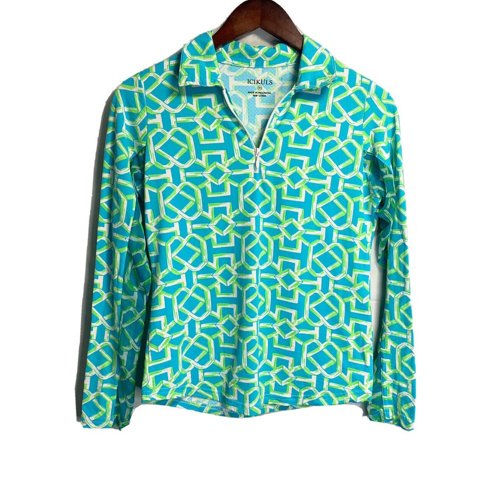 Icikuls Women’s 1/4 Zip Pullover Geometric Print Blue Green Vented Cool Size XS
